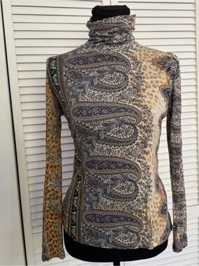 Class Roberto Cavalli Blue, Tan & Cream Paisley Animal Print Top